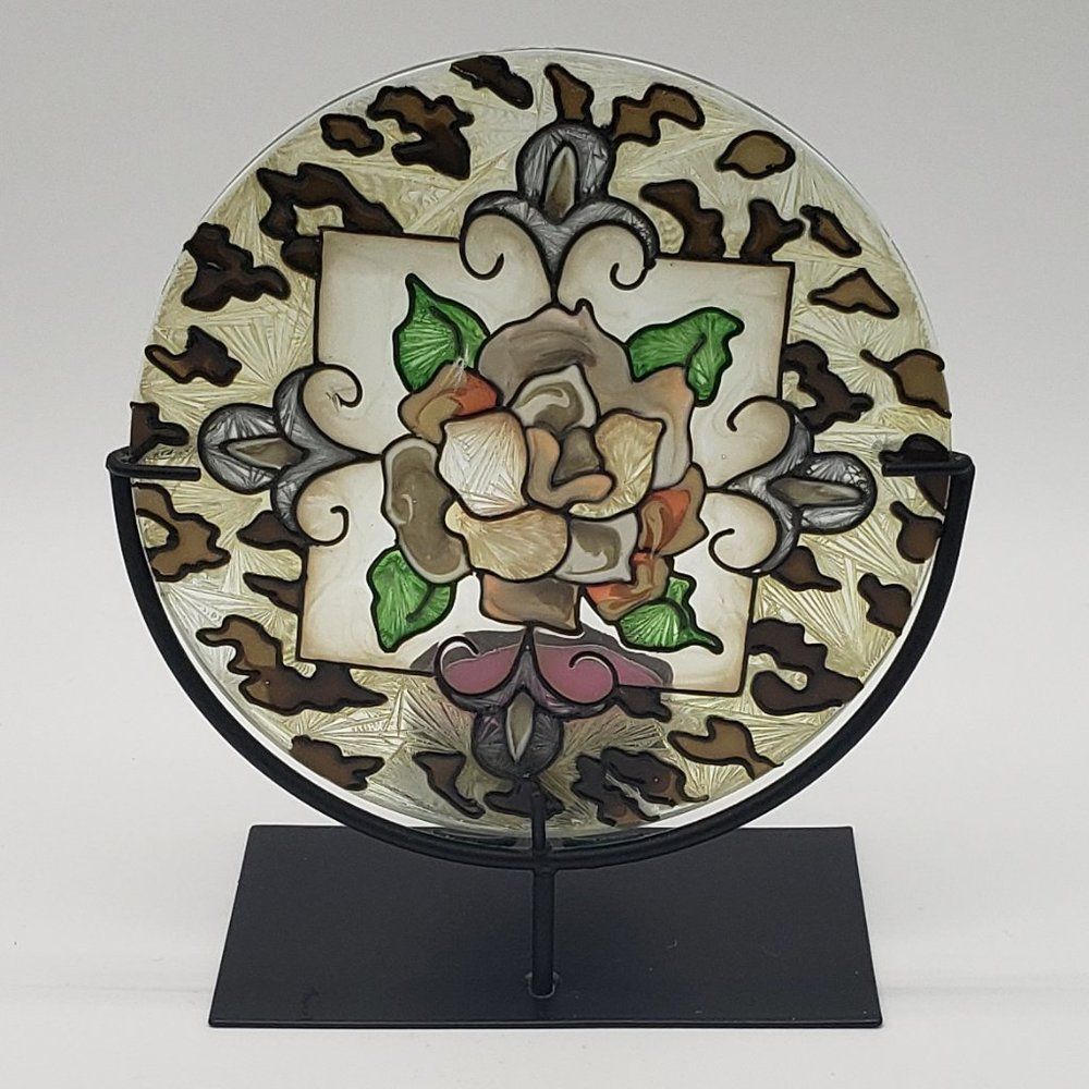 Joan Baker Designs Hand Painted Rose Round Stained Glass Tealight Candle Holder